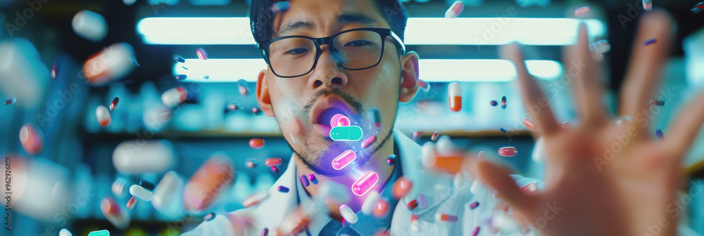 Poster a scientist is surrounded by floating capsules and sorcerous effects, focusing intently on his innov