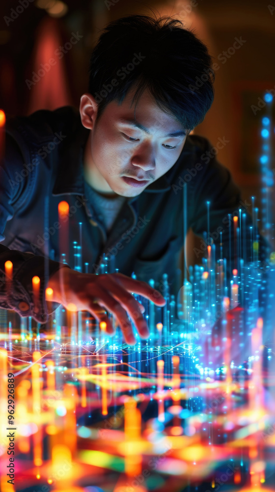 Poster a focused person engages with vibrant digital data graphics, exploring intricate patterns and techno
