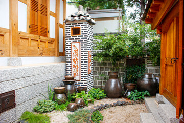 Ogin-dong, Jongro-Ku, Seoul, South Korea - October 05, 2019: Crocks and chimney at the backyard of...