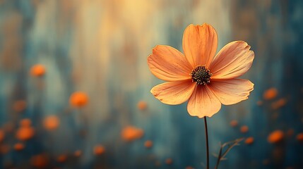 A single orange cosmos flower stands out against a blurred background of other cosmos flowers in a field.