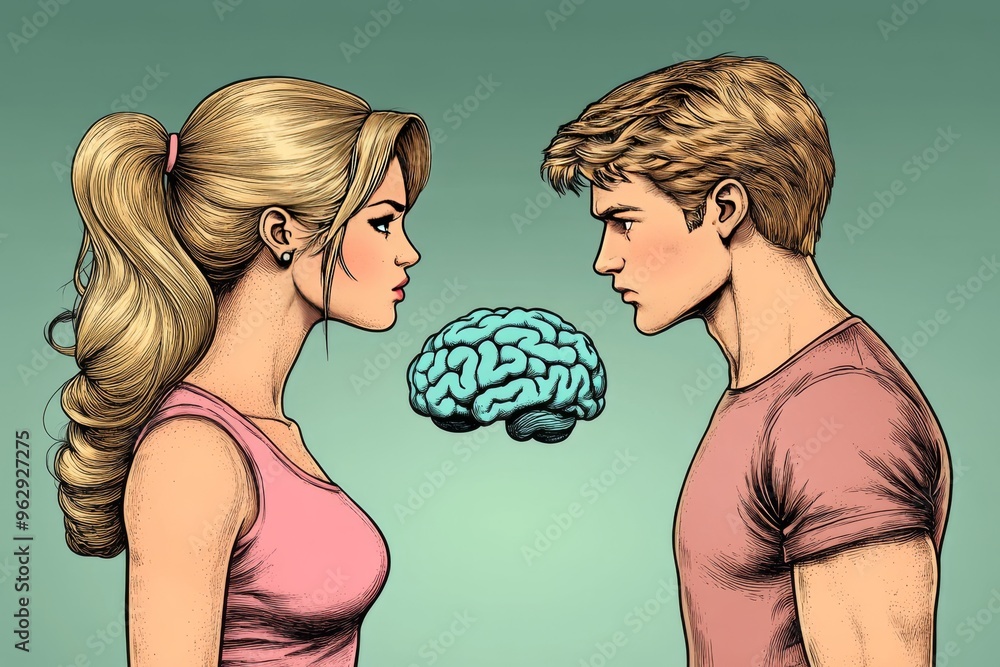 Poster cognitive science neural circuit cartoon couple sharing a brain in front of each other representing 