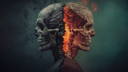 Two skulls with fire in between them