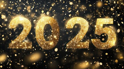 Modern happy new year 2025 design with gold numbers decorated with luxurious shiny glitter. Premium design for new year celebration.