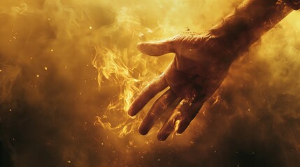 Fototapeta premium A dramatic close-up of a hand surrounded by intense flames. The vivid depiction of fire and heat creates a powerful image, symbolizing energy, power, and transformation. Ideal for themes of strength