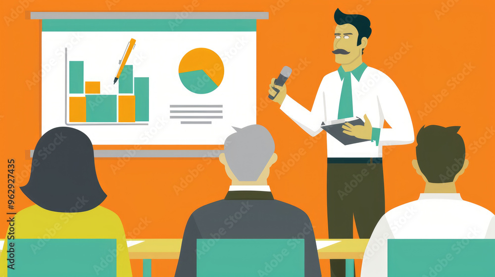 Poster a presenter engages an audience using charts and graphs in a business meeting setting with vibrant b