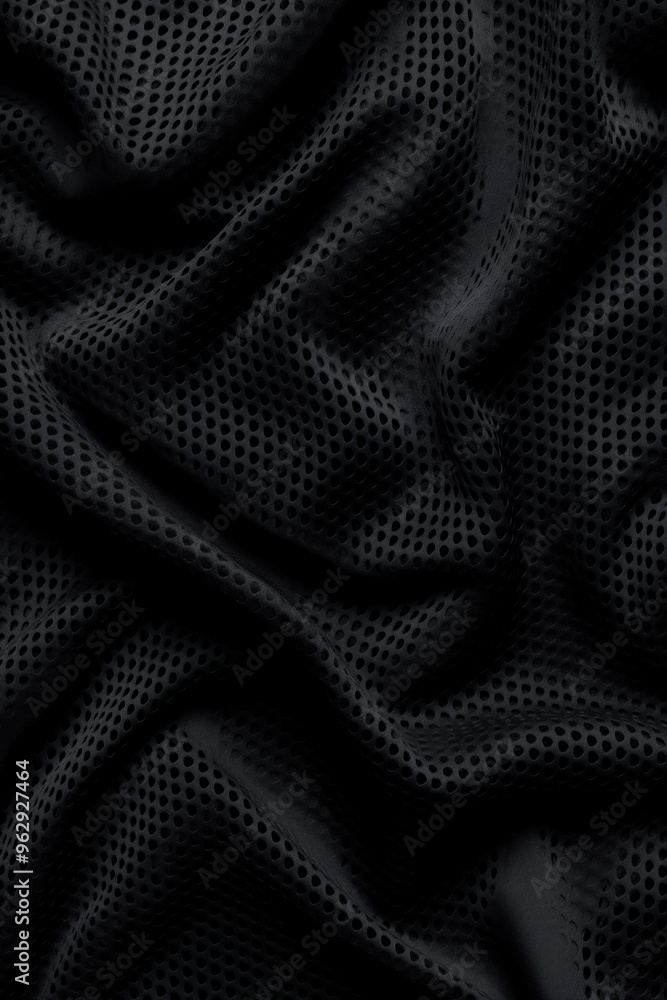 Poster black fabric texture close-up. unique grid pattern with small holes on dark jersey material against 