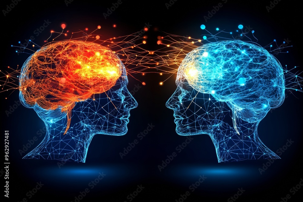 Poster neuroscience neural circuit futuristic illustration of two glowing digital brains exchanging data an