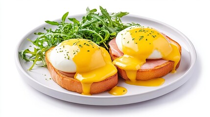 Delicious eggs benedict on a plate with poached eggs, ham, and fresh arugula, drizzled with rich hollandaise sauce.