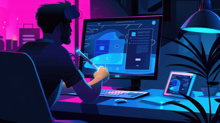The designer engages with innovative software in a dimly lit workspace filled with colorful light, focusing intently on the screens