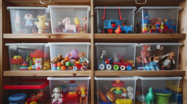 A well-organized toy shelf filled with an assortment of colorful toys arranged in transparent bins, creating a tidy and inviting play area for children.