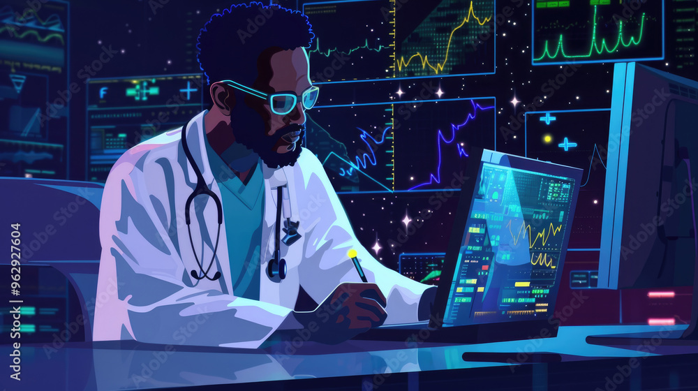 Poster a dedicated physician studies complex health data and graphs on a laptop screen in a modern lab envi