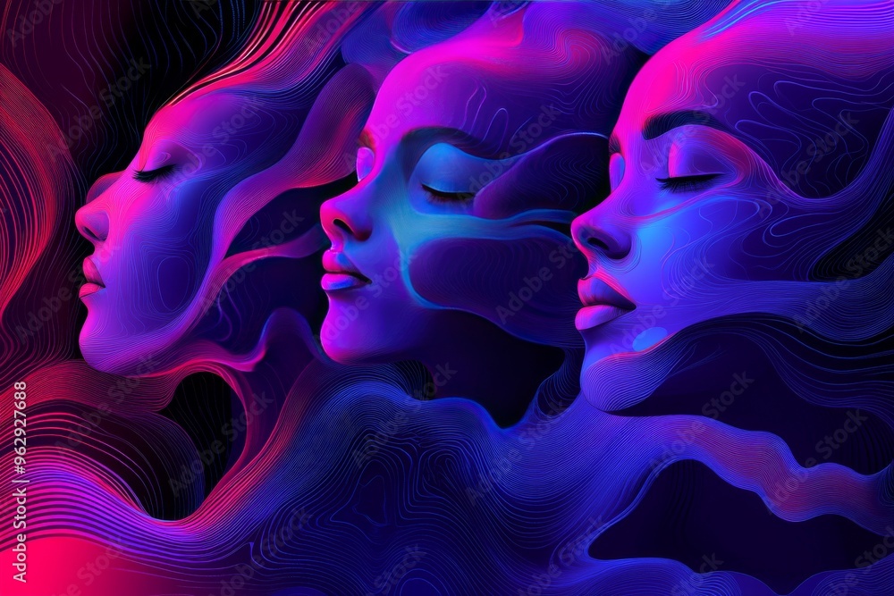 Poster neuropsychology neural circuit vibrant faces blending into abstract waves symbolizing collective tho