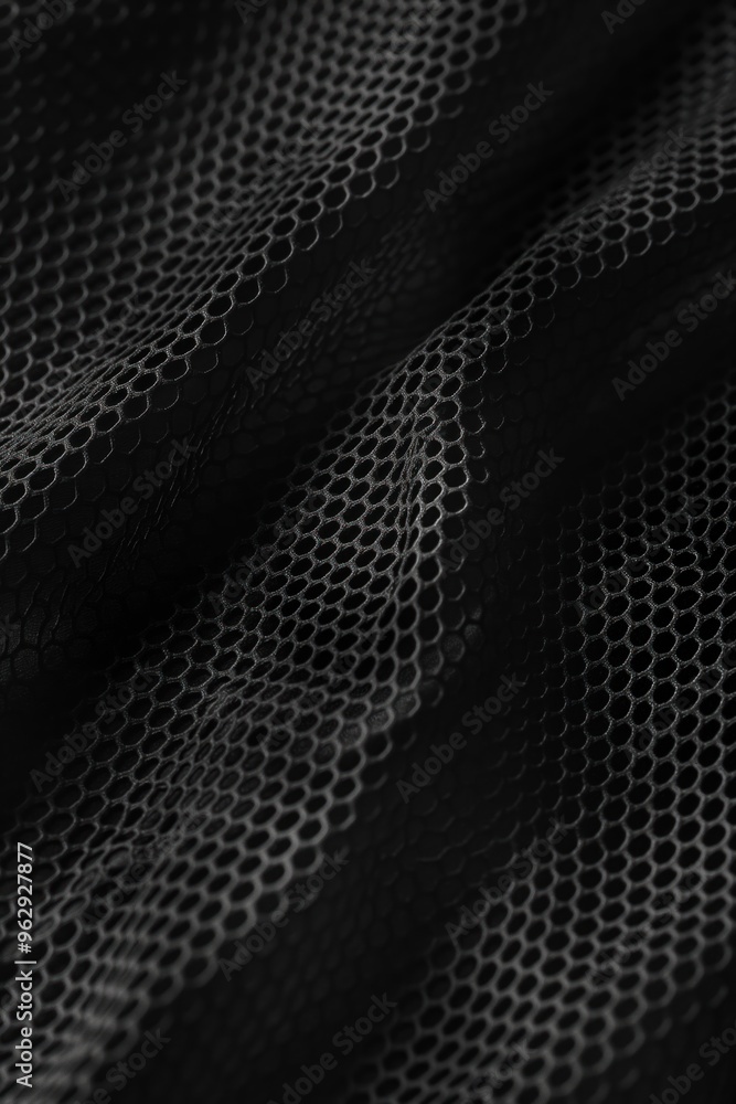 Poster Black fabric with grid pattern close-up. Wrinkled texture adds depth. White lines create striking visual effect. Elevated angle shows intricate design. For abstract backgrounds and sports clothing.