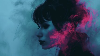 A striking portrait of a woman in dark, moody lighting, partially obscured by vibrant pink smoke swirling around her. The image exudes mystery and intrigue, blending dark and vivid elements.