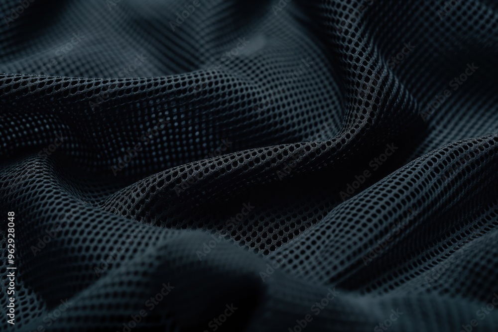 Poster Close-up of black and white grid fabric with small holes creating depth. Unique perspective from slightly elevated angle highlights intricate design. Blurred background focuses on texture and pattern.