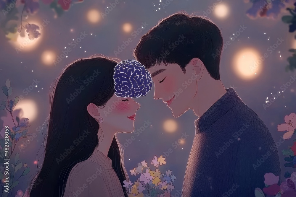 Poster brain function study neural circuit romantic couple with glowing brain connections symbolizing intel