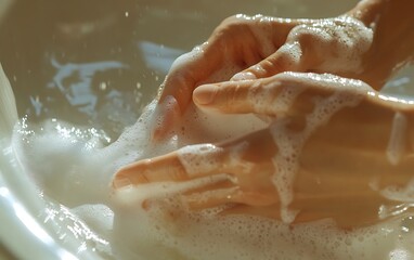 Fototapeta premium Luxurious Hand Care: Moisturizing Hands with Rich Cream in Elegant Bathroom Setting
