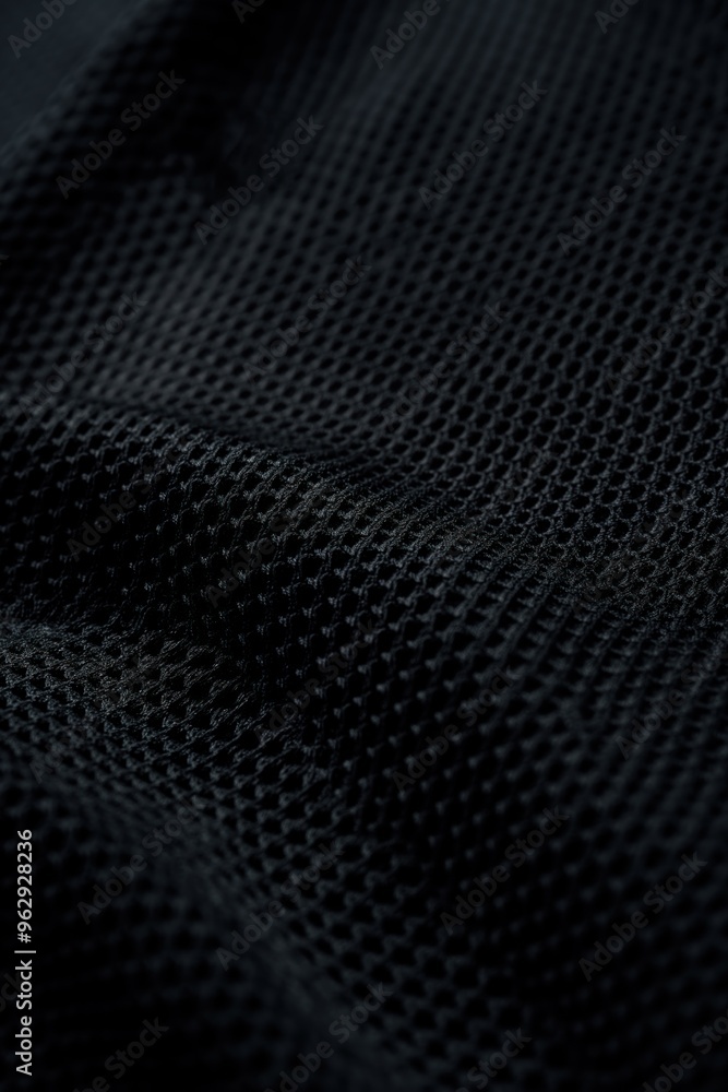 Poster Black fabric with grid-like pattern. Rough texture, dark color contrast with lighter background. Unique perspective adds depth, dimension. Ideal for abstract art, fashion design, tech innovation.