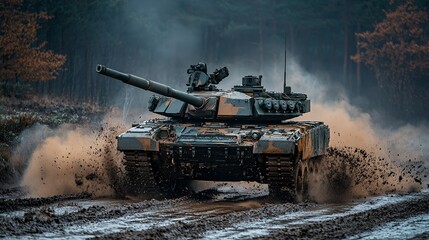 Military tank driving through mud and smoke with a blurred forest background.