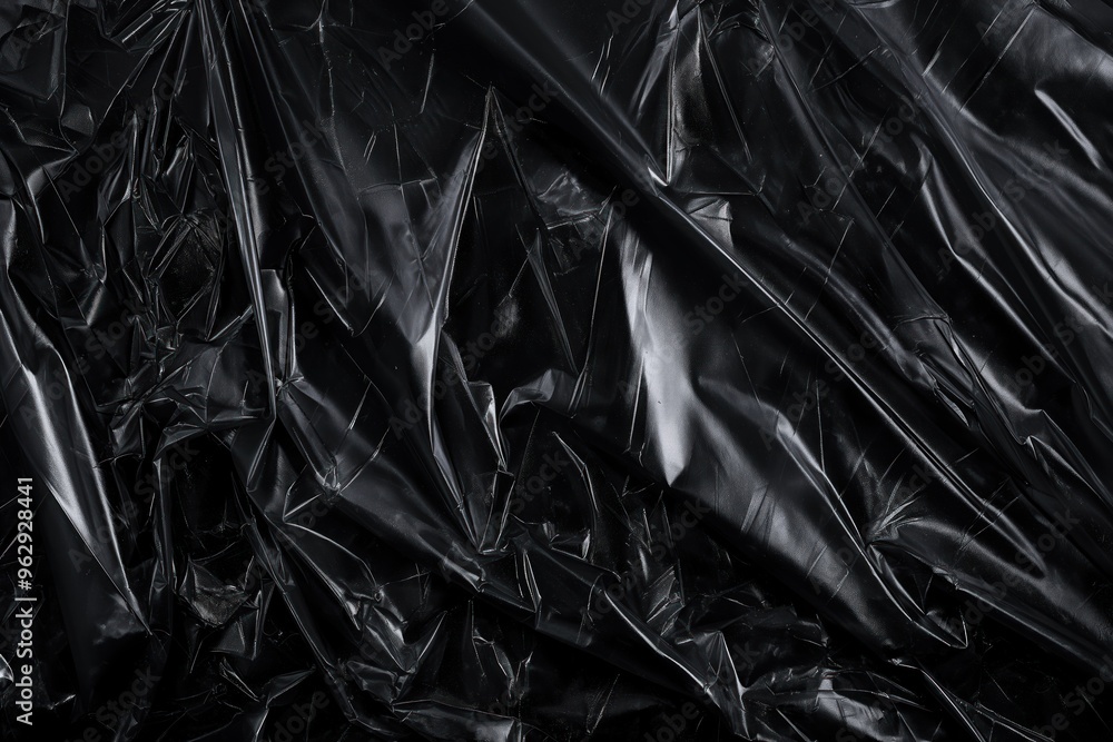 Aufkleber black plastic bag texture overlay on dark background. close-up view of crumpled and wrinkled surface