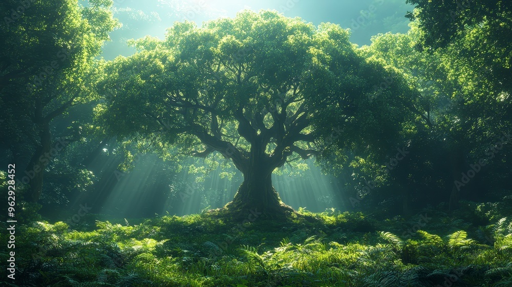 Poster sunlight streams through the canopy of a lush green forest, illuminating a large tree in the center.