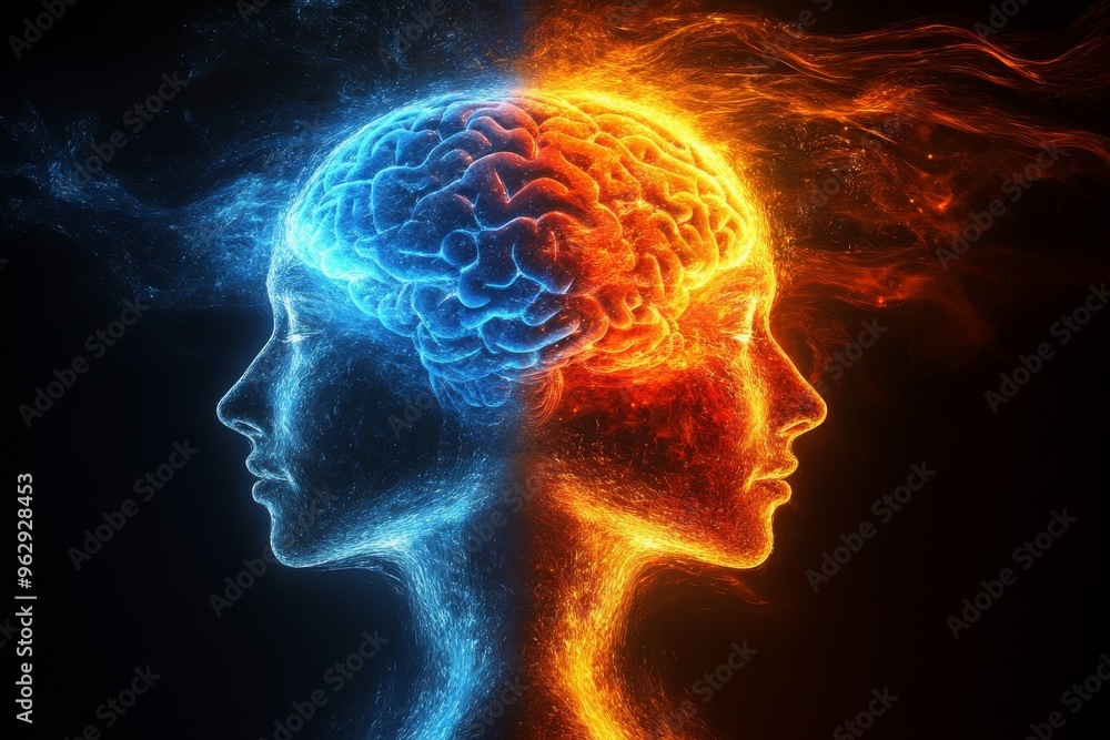 Poster brain science neural circuit fiery dual brain profile symbolizing intellectual passion creativity an
