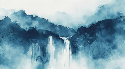 The waterfall tumbles gracefully over the cliffs, surrounded by soft blue mountains enveloped in morning mist