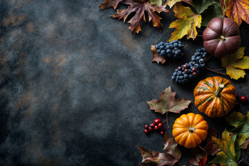 Fototapeta premium Autumn Harvest: Pumpkins Amidst Fallen Leaves and Acorns