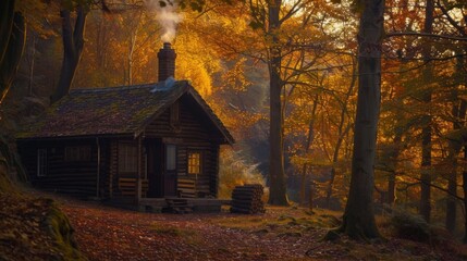Cozy wooden cabin in autumn forest with smoke rising from chimney, surrounded by tall trees showing vibrant fall colors, perfect for tranquility