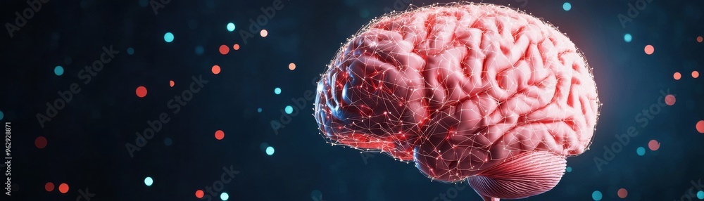 Poster illustrative image of a human brain with vibrant colors, symbolizing cognitive function and neural n