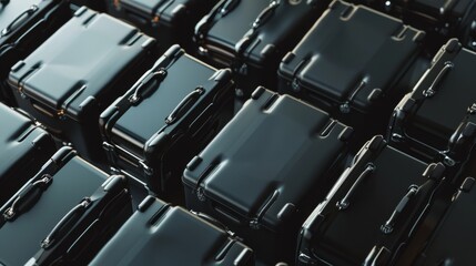Rows of black, rectangular suitcases arranged tightly, emphasizing a theme of travel, unity, and uniformity with a modern touch.