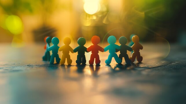 Colorful figurines standing hand in hand in a circle, symbolizing unity, community, and togetherness in a serene, warmly lit environment.