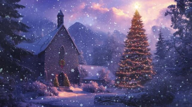A Christmas tree, beautifully decorated with lights, stands in front of a stone church during heavy snowfall. The peaceful scene captures the magic of the holiday season with warm glow