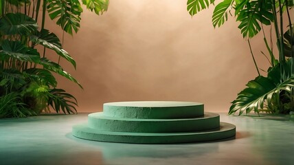 Stone podium and green leaves with lightbackground, podium for advertisement and product photography