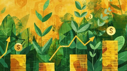 Stock Price Growth Concept with Upward Arrows and Growing Plants from Coins in Green and Gold