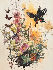 Watercolor painting of butterflies and wildflowers.