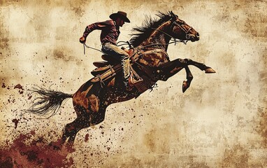 Cowboy riding a bucking horse, vintage style.