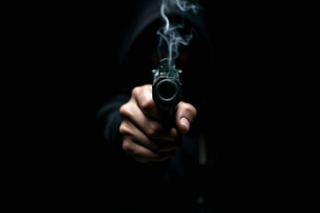 Smoke coming out of a gun barrel after shots were fired by an unknown mysterious hooded assailant hidding behind a cover of darkness. Whodunit, murder mystery case, crime drama thriller concept.