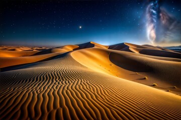 Naklejka premium Golden desert dunes under starry sky with unique celestial formation