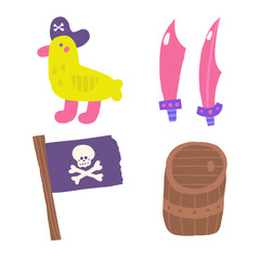 Cute pirate theme composition, postcard with funny hand drawn doodle seagull, flag, barrel, blade, sword. Marine, nautical Caribbean bandit t shirt print, cover, template, banner, poster print objects