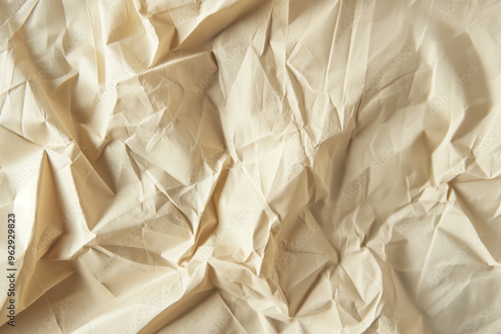 Poster Crumpled paper texture background with intricate folds and creases. Close-up view of white paper surface with curled edges. Ideal for graphic design, digital art, and creative projects.