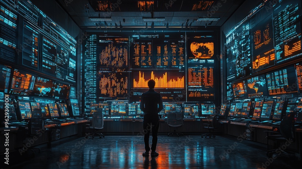 Poster futuristic trading hub, traders engaged in dynamic exchanges within a high-tech, bustling trading ro