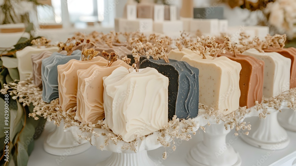 Poster vibrant arrangement of multicolored soap bars, showcasing artistic patterns and textures, inviting a