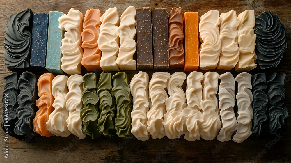 Poster vibrant soap bars arranged in a mesmerizing spectrum, showcasing an artistic blend of colors and tex