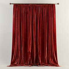 Red velvet curtains hanging on a rod with finials, isolated on a white background.