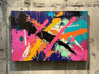 Abstract colorful painting with splashes and brushstrokes on canvas
