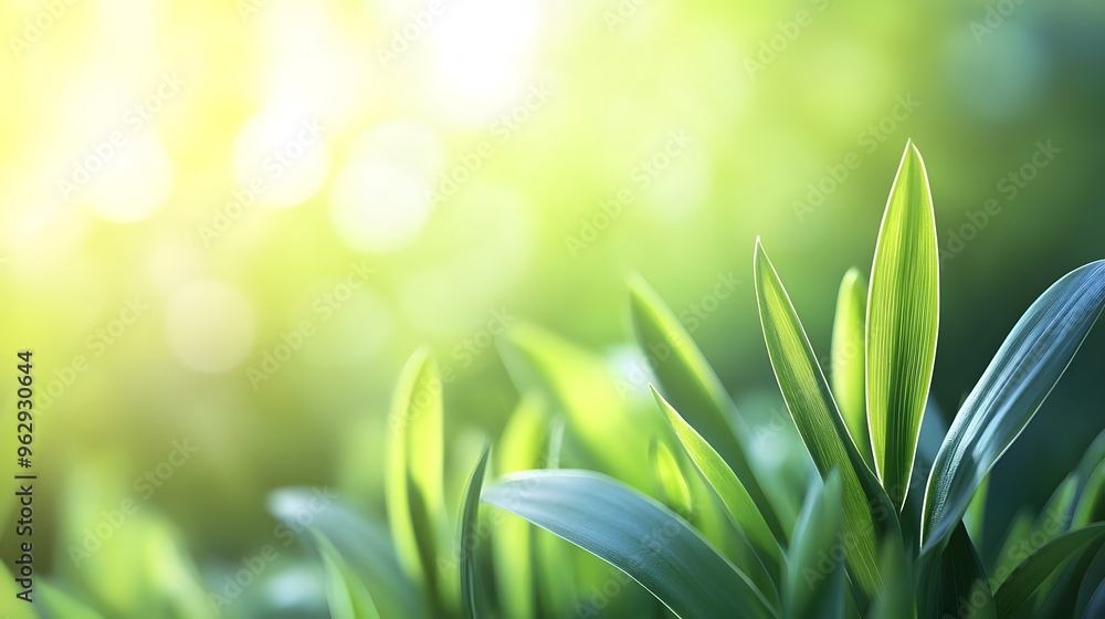 Poster green leaf macro with sunlit bokeh background