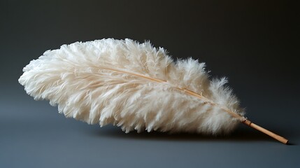 A single white ostrich feather isolated on a grey background.