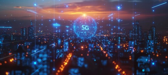 modern city highlighted by a blue "5g" hologram