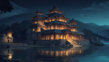 Obraz premium illustration of an ancient building by the lake at night